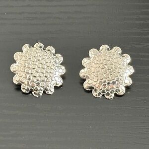 Vintage Silver Tone Textured Metal Flower Pierced Earrings